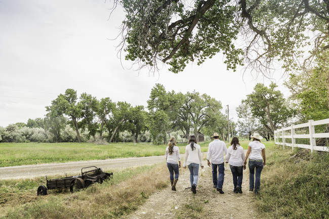 Vista trasera de pareja adulta paseando con mujeres jóvenes a lo largo de la pista de tierra rancho, Bridger, Montana, EE.UU. - foto de stock