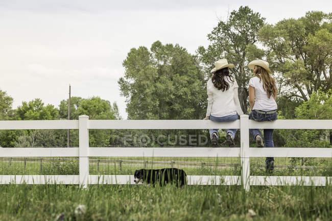 Vista trasera de hermanas jóvenes adultas con sombreros de vaquero sentadas en la cerca del rancho, Bridger, Montana, EE.UU. - foto de stock