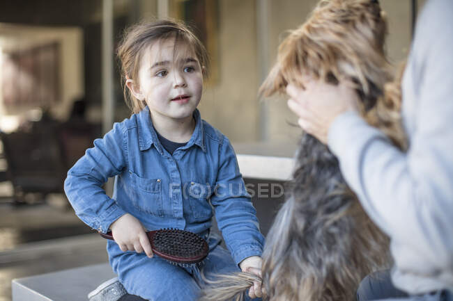 Chica y padre aseo perro de mascotas en la sala de estar - foto de stock