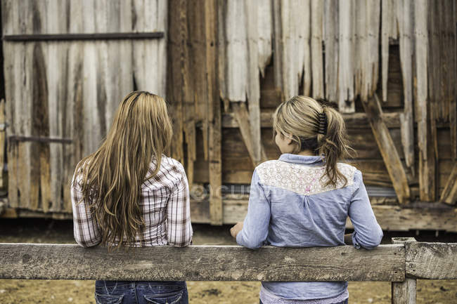 Due giovani donne appoggiate sulla recinzione, vista posteriore — Foto stock