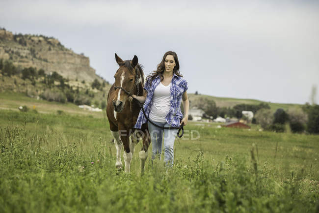 Mujer joven caminando con caballo a través del campo - foto de stock