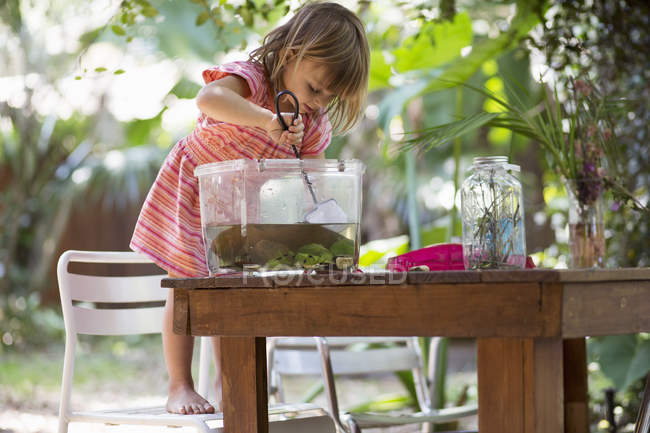 Girl standing on chair to scoop fishing net in plastic aquarium on garden table — Stock Photo