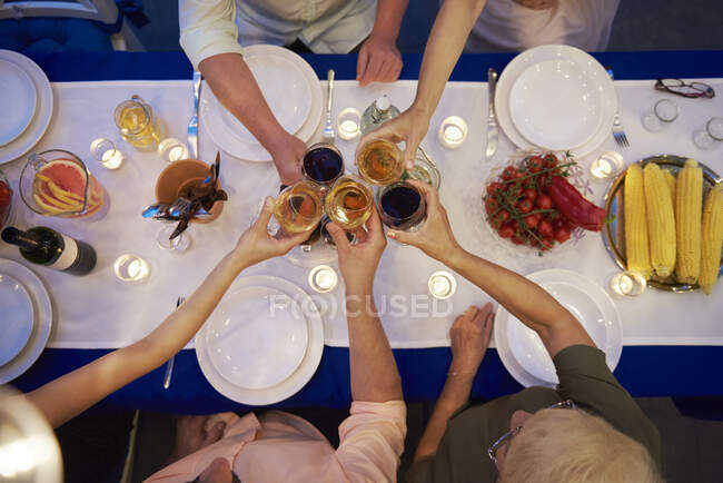 Grupo de personas sentadas en la mesa, sosteniendo copas de vino, haciendo un brindis, vista aérea - foto de stock