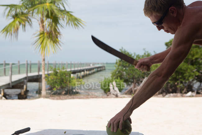 Вид збоку людини збирається розрізати кокос за допомогою мачете — стокове фото