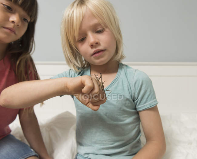 Menino e menina olhando no mantis na mão — Fotografia de Stock