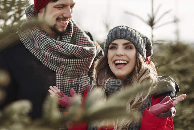 Young couple shopping for christmas tree from forest — Stock Photo