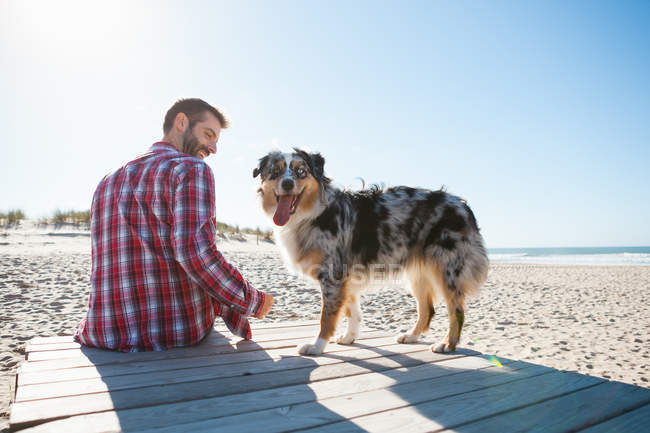 Homem sentado na praia calçadão com cão — Fotografia de Stock
