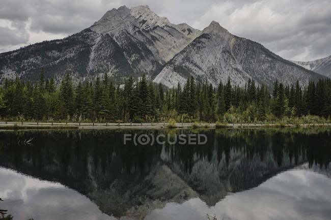 Reflexión de la montaña y los árboles en el lago, Canmore, Canadá, América del Norte - foto de stock