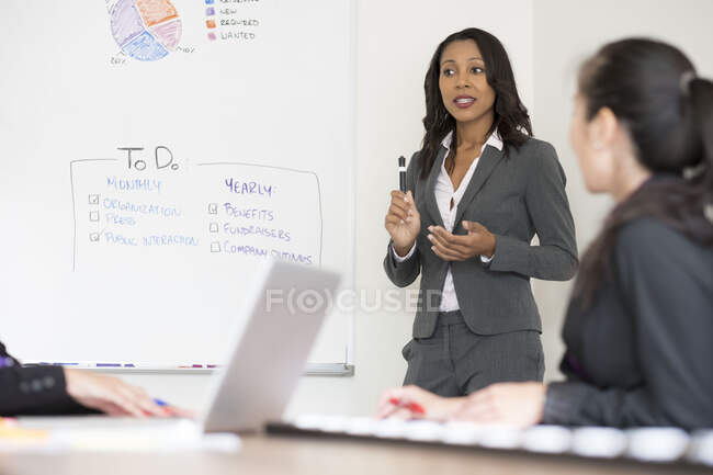 Geschäftsfrauen im Besprechungsraum, Geschäftsfrau, die vorne steht und die Geschäftsstrategie erklärt — Stockfoto