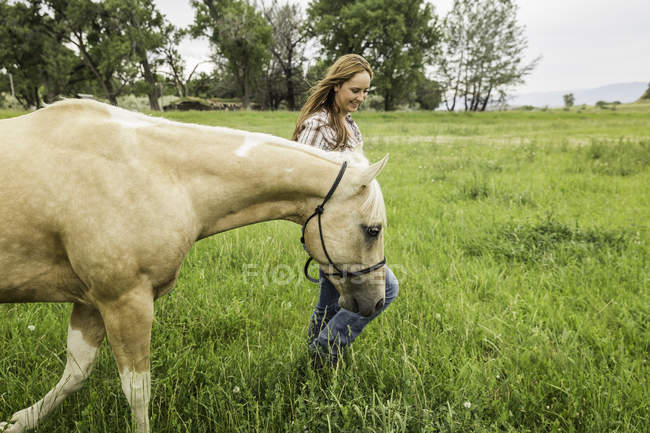 Mujer joven que conduce el caballo en el campo del rancho, Bridger, Montana, EE.UU. - foto de stock