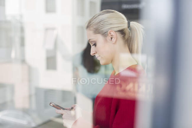 Junge Büroangestellte schaut aufs Smartphone — Stockfoto