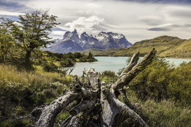 Paisagem montanhosa com Grey Lake, Paine Grande e Cuernos del Paine, Parque Nacional Torres del Paine, Chile — Fotografia de Stock