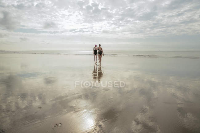Vista trasera de la madre y la hija caminando al mar - foto de stock