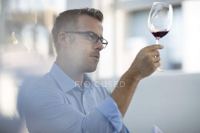 Столяр в ресторані оглядає вино в келиху — стокове фото