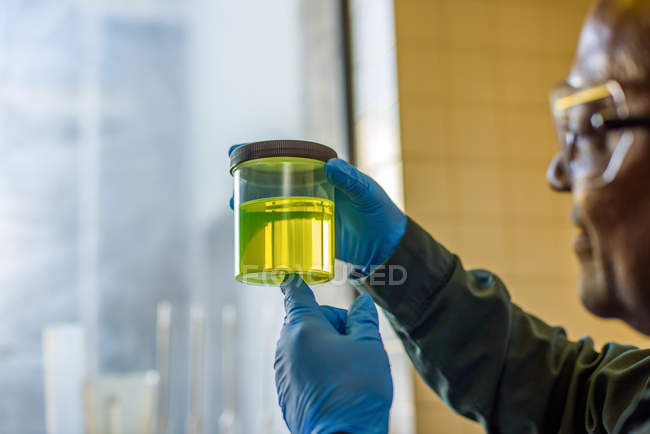 Лабораторний технік оглядає спій жовтого біопалива в лабораторії рослинного біопалива — стокове фото