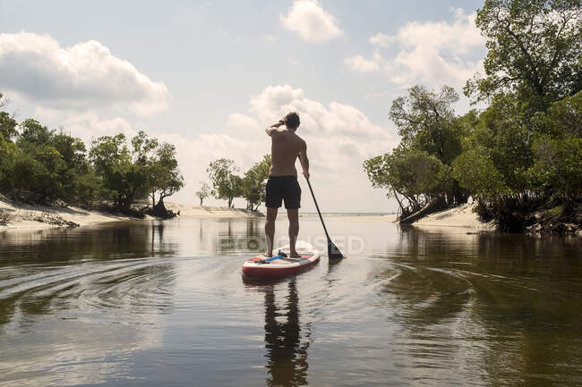 Vista trasera del hombre en el paddleboard, Kilindoni, Pwani, Tanzania, África - foto de stock