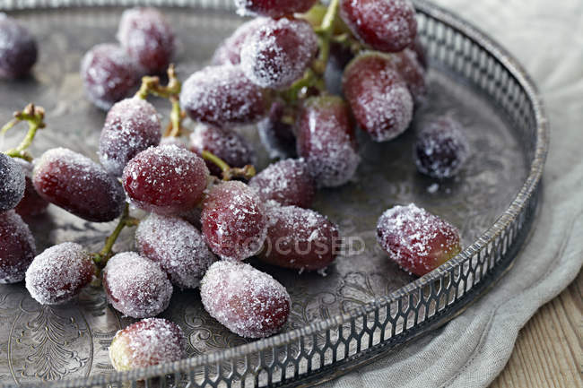 Sugar frosted black grapes on tray — Stock Photo