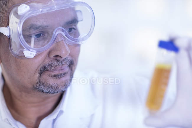 Trabajador de laboratorio examinando tubo de ensayo lleno de líquido, primer plano - foto de stock