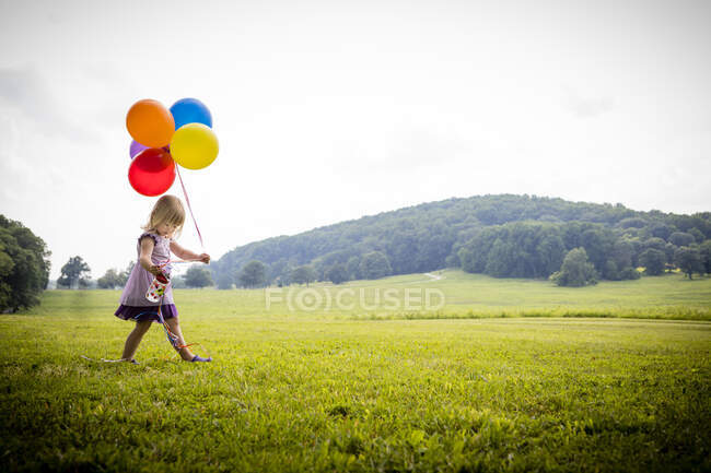 Menina andando no campo rural com um monte de balões coloridos — Fotografia de Stock