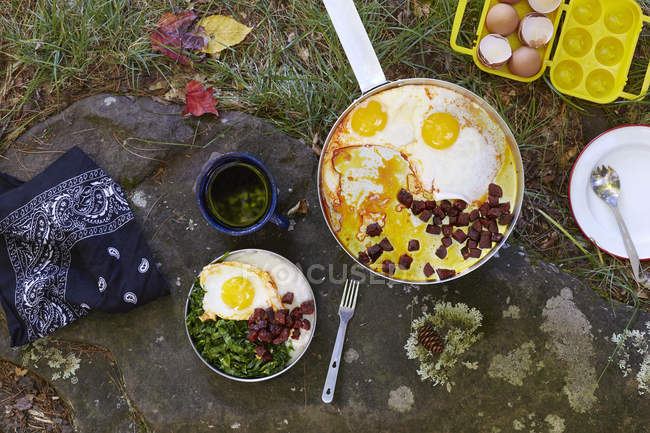 Overhead Blick auf zubereitetes Frühstück auf dem Campingplatz, Colgate See wilden Wald, catskill park, New York State, Vereinigte Staaten — Stockfoto