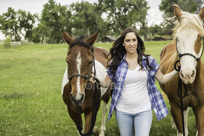 Jovem mulher liderando dois cavalos no campo de fazenda, Bridger, Montana, EUA — Fotografia de Stock