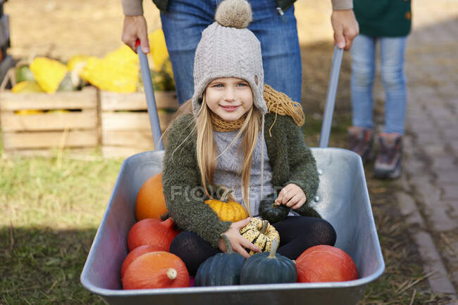 Retrato de menina no carrinho de mão com abóboras em remendo de abóbora — Fotografia de Stock
