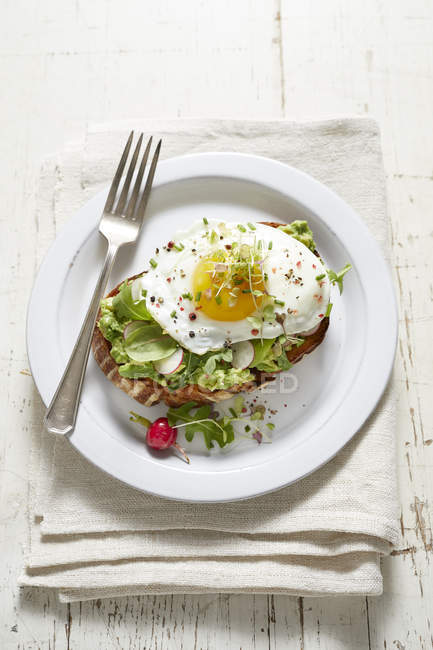 Avocado toast with radish, fried egg and micro greens — Stock Photo