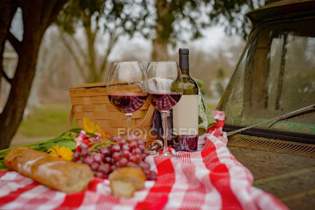 Picnic food for two on car bonnet — Stock Photo