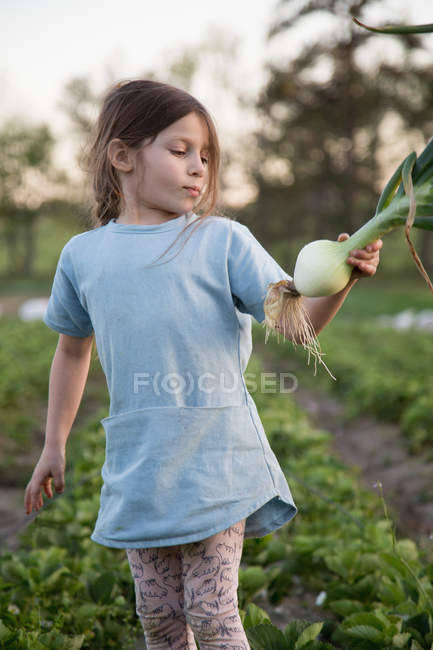 Jeune fille à la ferme, exploitation oignon fraîchement cueilli — Photo de stock