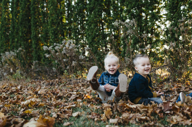 Portrait of male and female toddler twins sitting amongst autumn leaves in garden — Stock Photo