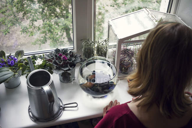 Young woman looking at potted plants on windowsill terrarium — Stock Photo