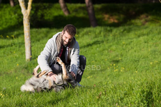 Чоловік грає з собакою на траві в парку — стокове фото