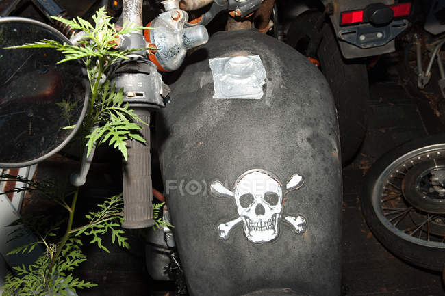 Caveira e ossos cruzados no tanque de combustível da motocicleta — Fotografia de Stock