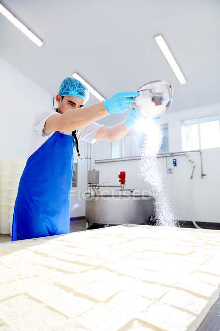 Cheese maker salting tray of soft cheese by hand — Stock Photo