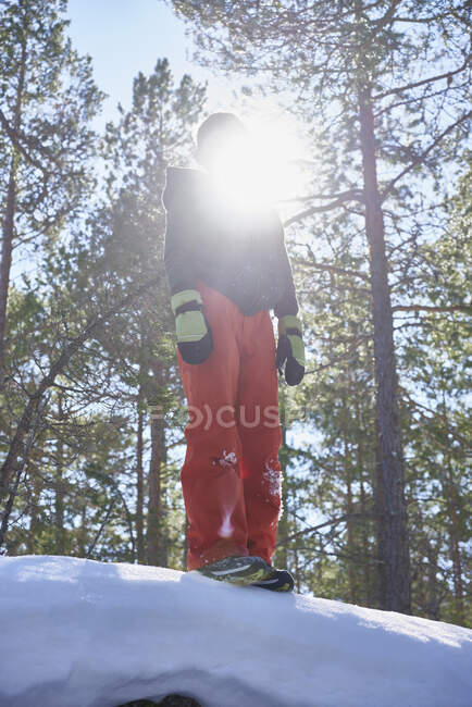 Retrato de menino, em pé na neve coberto, paisagem rural, luz solar rosto obscurecedor, visão de baixo ângulo — Fotografia de Stock