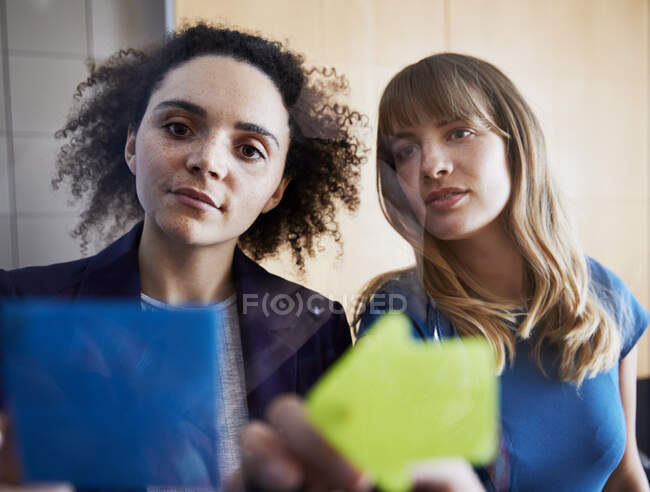 Две деловые женщины смотрят на идеи на липких нотах — стоковое фото