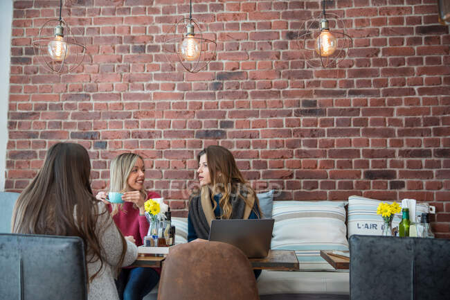 Amigas sentadas en la cafetería, tomando café, usando laptop - foto de stock