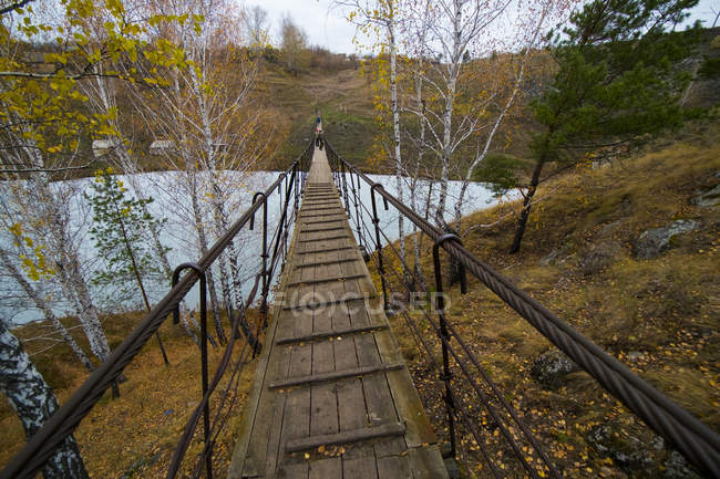 Visão traseira de um pequeno grupo de caminhantes caminhando sobre a passarela fluvial, Kislokan, Evenk, Rússia — Fotografia de Stock