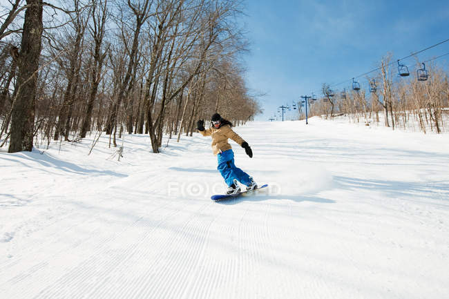 Mulher snowboard na neve caped floresta — Fotografia de Stock