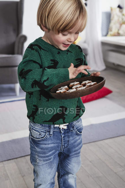 Kleiner Junge hält Teller mit Keksen — Stockfoto
