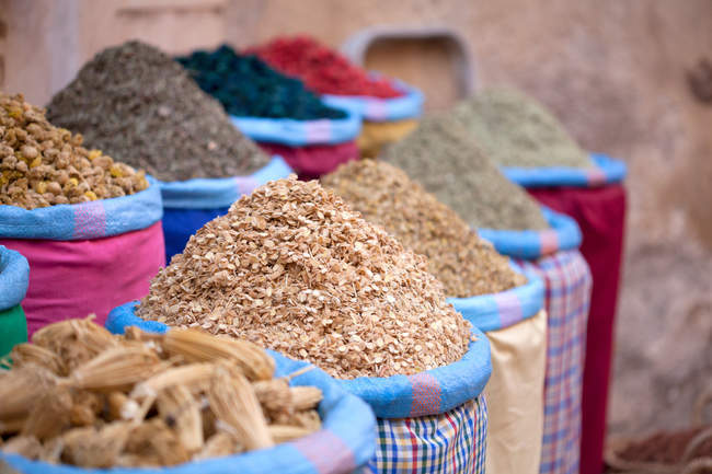 Dried fruits in sacks at market on street in morocco — Stock Photo