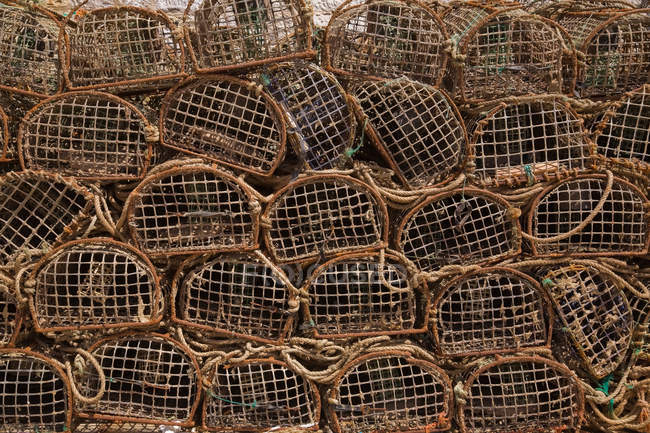 Stacks of commercial crab fishing baskets, Portugal — Stock Photo