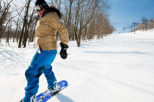 Mulher snowboard na neve caped floresta — Fotografia de Stock