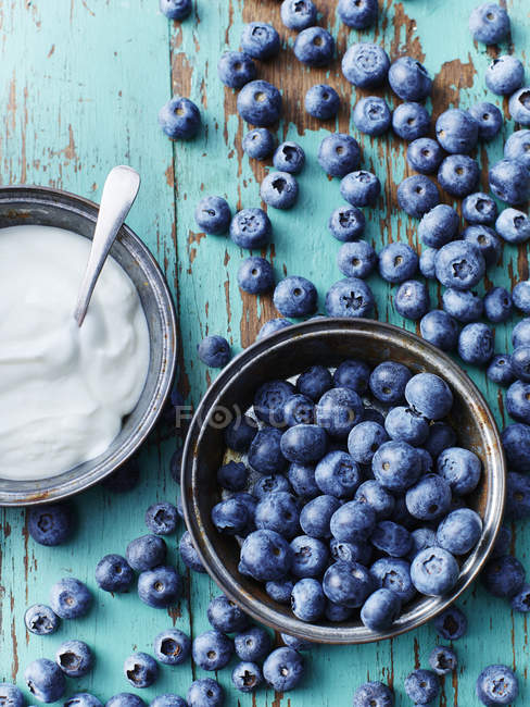 Still life with bowl of blueberries and yogurt, overhead view — Stock Photo