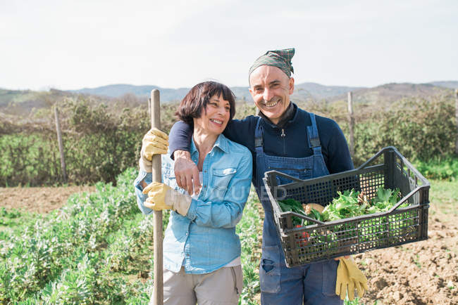 Reifes Paar mit Gemüsekiste im Garten — Stockfoto
