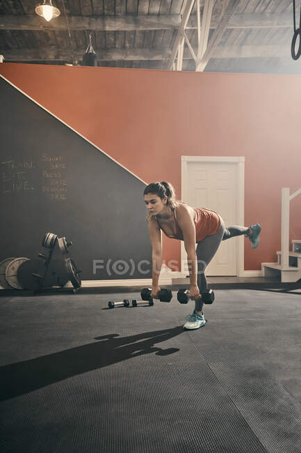 Mulher no ginásio exercitando-se usando halteres — Fotografia de Stock