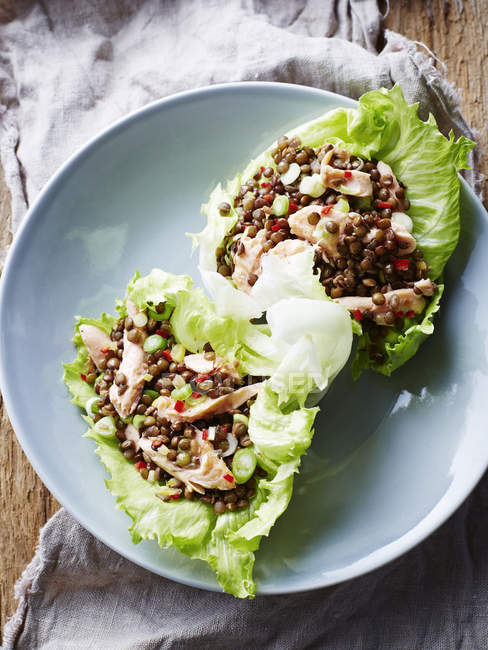 Smoked trout and lentil lettuce cups, on plate, close-up — Stock Photo