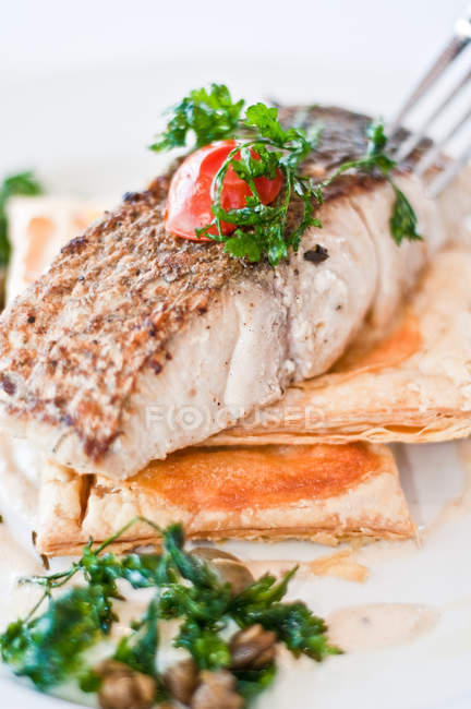 Salmon and potato pastry dish on plate — Stock Photo