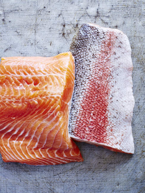 Still life of two pieces of ocean trout, overhead view — Stock Photo