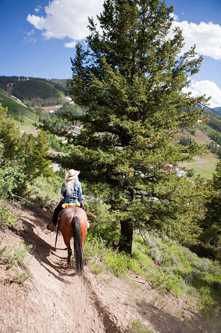 Mulher cavalo equitação através de Beaver Creek, Colorado, EUA — Fotografia de Stock
